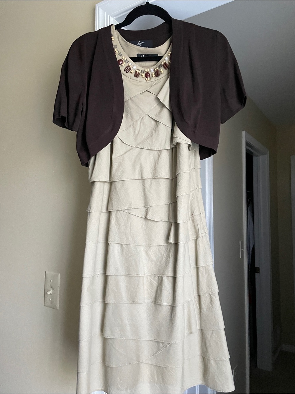 S.L. fashions Layered Cream Midi Dress with Brown Bolero